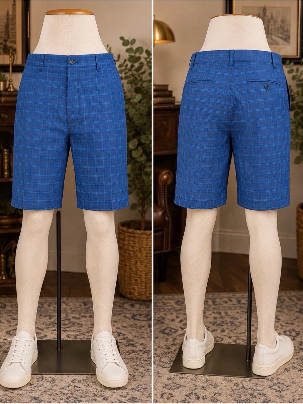 Ben Hogan Golf Shorts Mens 36 Blue Plaid Stretch Performance Flat Front